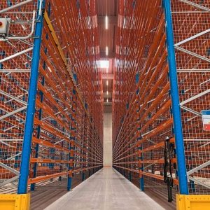 Gebrauchtes Stow Palettenregal mit 4.000 mm Rahmenhöhe, himmelblau lackierte Rahmen und reinorange lackierte Traversen